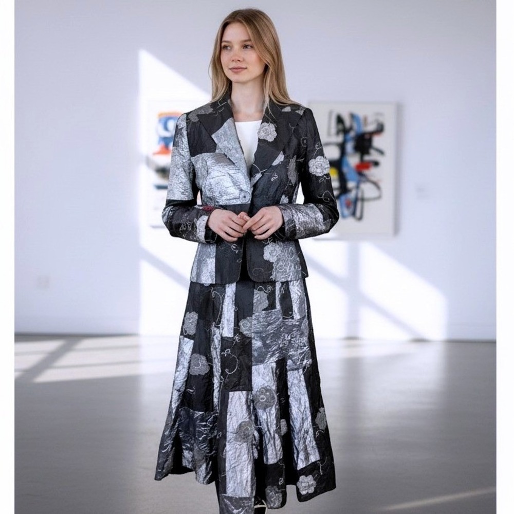 Vintage Art to Wear Patchwork Embroidered Floral Skirt Suit Blazer Black Silver